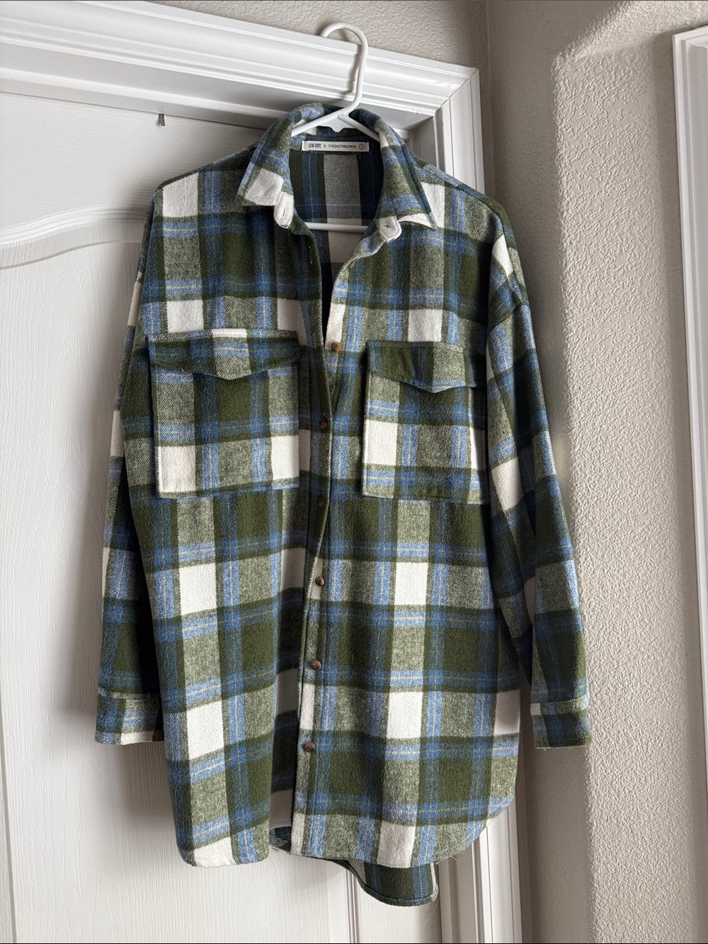 12th Tribe Olive, White & Blue Plaid Shirt Jacket